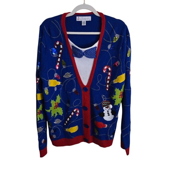 Jolly Sweaters Vintage Ugly Christmas Sweater Bow Tie Sequined Size XL - Picture 1 of 9